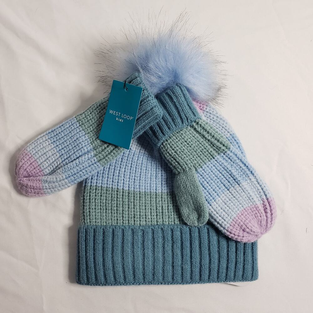 West Loop Kids One Size Winter Pom Puff Hat & Glove Set Green Blue Stripe‎ New